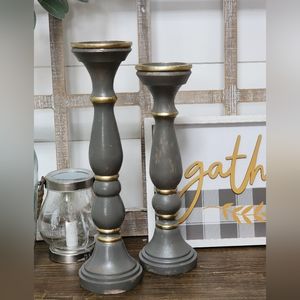 Set of 2 farmhouse candlesticks gray with gold trim
